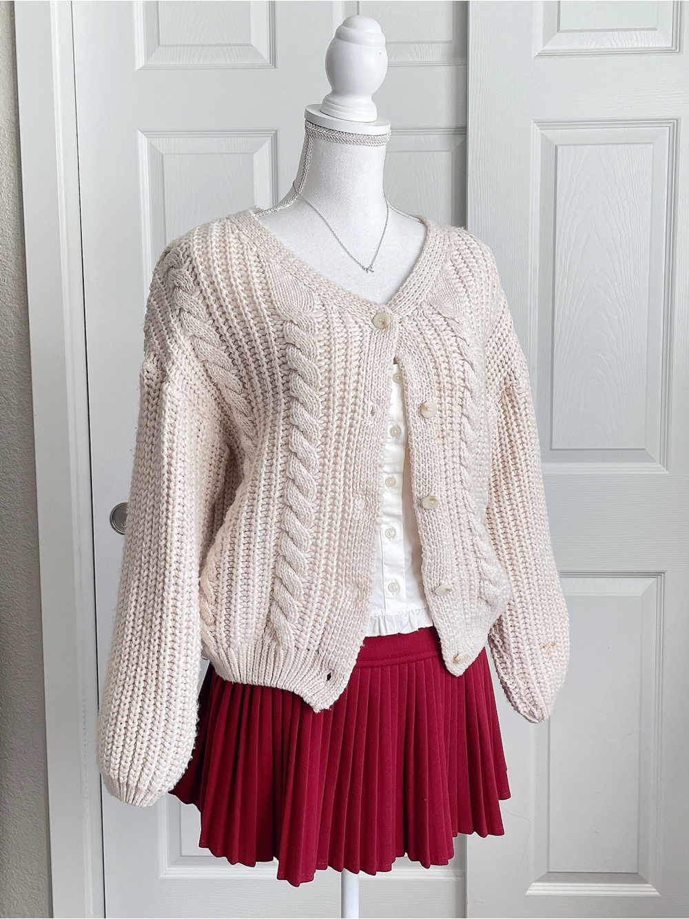 Oatmeal Beige Cable Knit V-Neck Button Cardigan Sweater